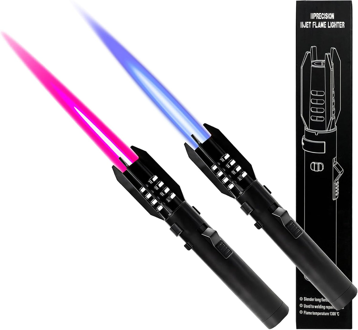 Torch Lighter 2 Pack Red+Blue Straight Flame Long Torch Lighter Bright Fire Butane Refillable Windproof with Flame Adjustable and Safety Lock for Camping Candles Cooking Outdoor Gift, 8"(Without Fuel)