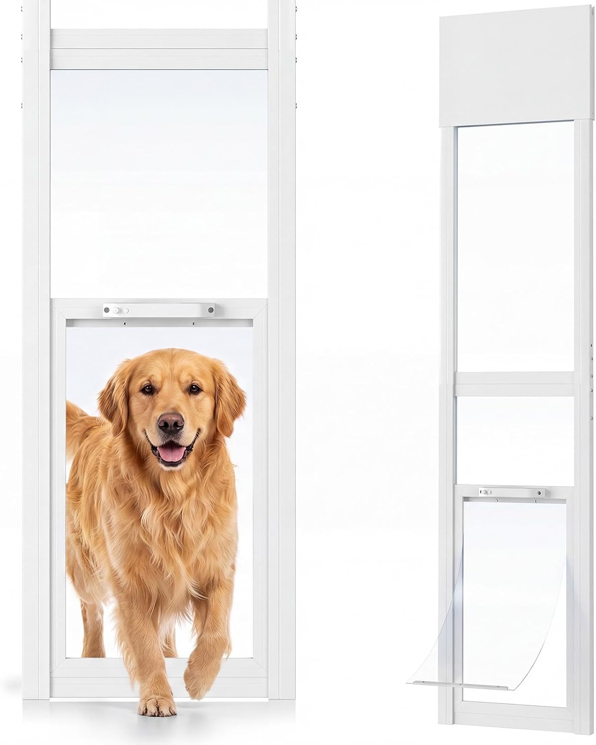 Dog Door for Sliding Glass Insert for Cat Doggie Doggy Pet Doors with Lock, Adjustable Height 74.8" to 80.71", Width 11.42"/White