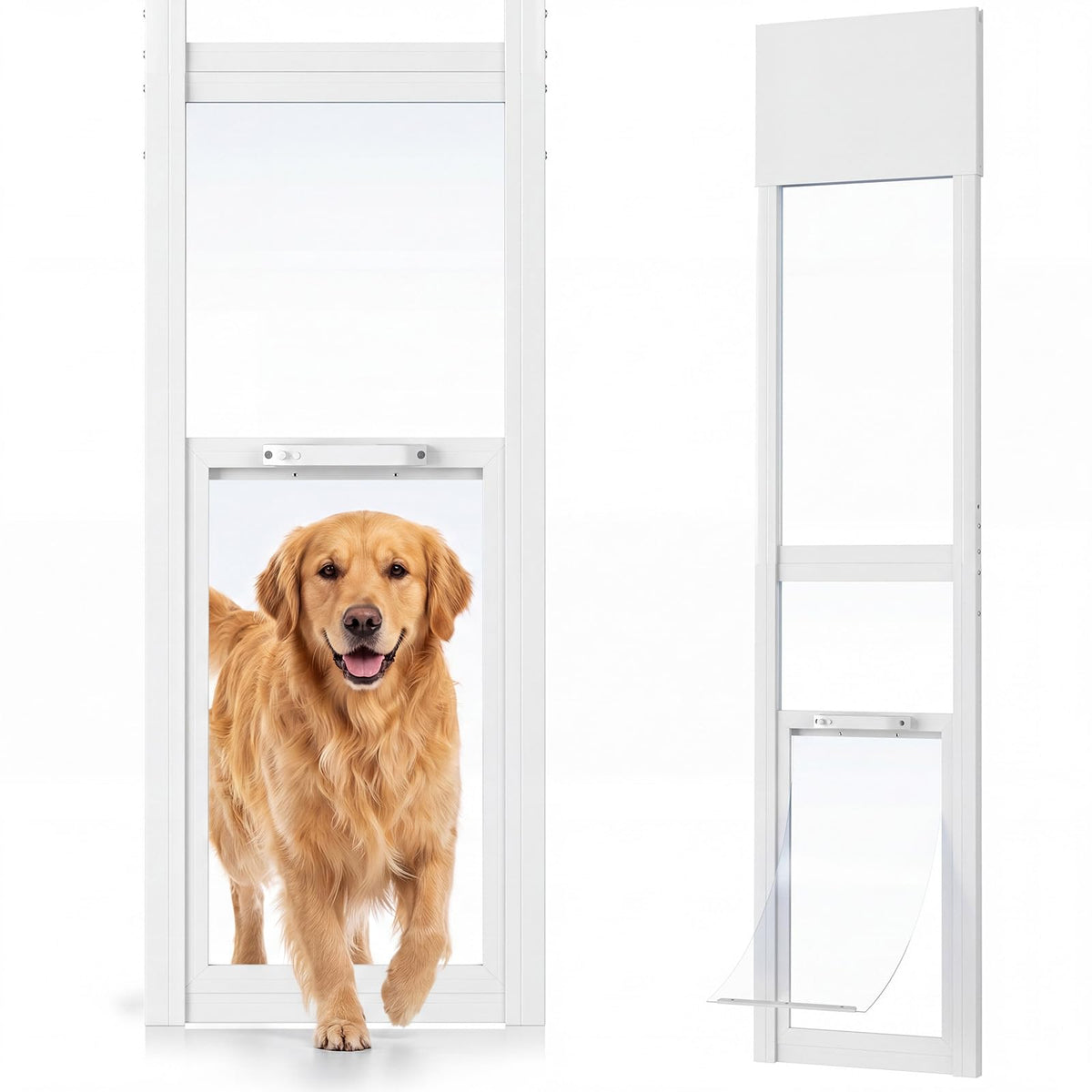Dog Door for Sliding Glass Insert for Cat Doggie Doggy Pet Doors with Lock, Adjustable Height 74.8" to 80.71", Width 11.42"/White