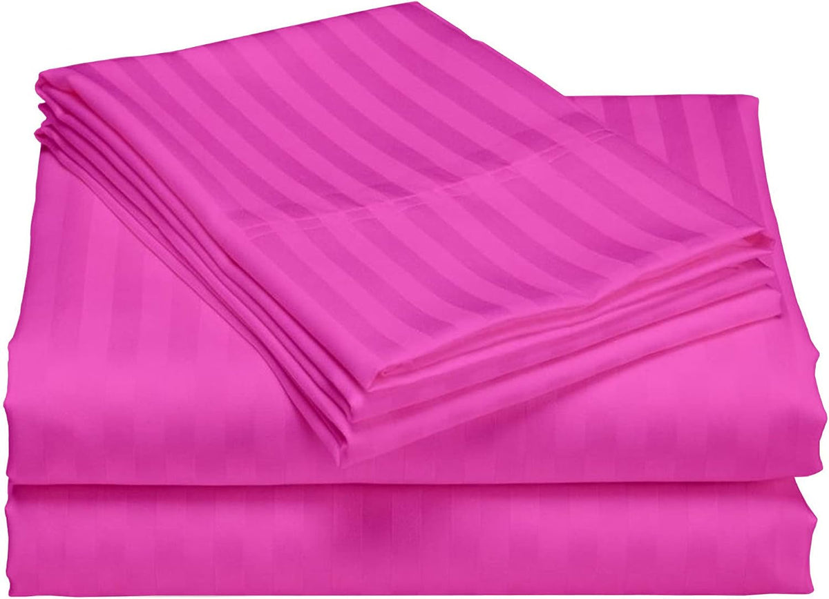 USA Queen Sheet Set in Hot Pink Stripe 400 Thread-Count 100% Egyptian Long Staple Cotton, Sateen Weave for Soft and Silky Feel, Breathable 4-Piece Bedsheet, Elasticized 24'' Extra Deep Pocket