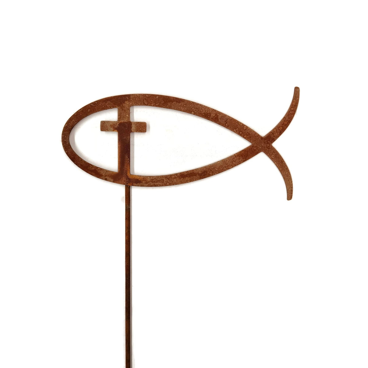 Christian Jesus Fish Metal Steel Garden Landscape Stake 20 to 33 Inches Tall (Jesus Fish with Cross 33" Tall Including Stake, Naturally Rusted)