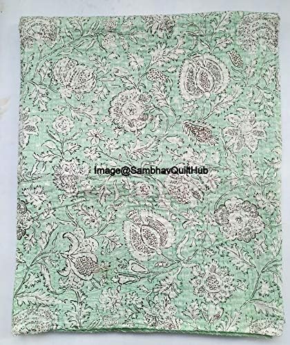 Indian Handblock Kantha Floral Printed Handmade Quilted Blanket Vintage Home Decorative KanthaThrow Blanket Kantha Bedcover Queen/King/CaliforiniaKing (Green, California King(108X108) inches)