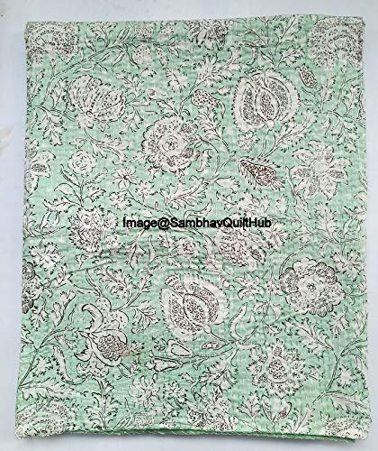 Indian Handblock Kantha Floral Printed Handmade Quilted Blanket Vintage Home Decorative KanthaThrow Blanket Kantha Bedcover Queen/King / CaliforiniaKing (Pink, Queen/king 90X108 inches)