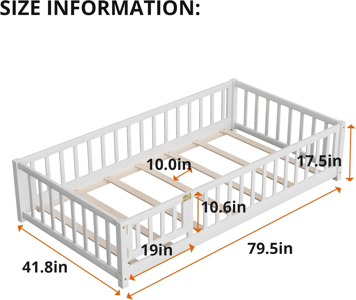i-POOK Twin Floor Bed for Children, Sturdy Wood Montessori Bed Frame with Wood Slats, High Fence & Small Door, Montessori Floor Bed for Girls and Boys, White