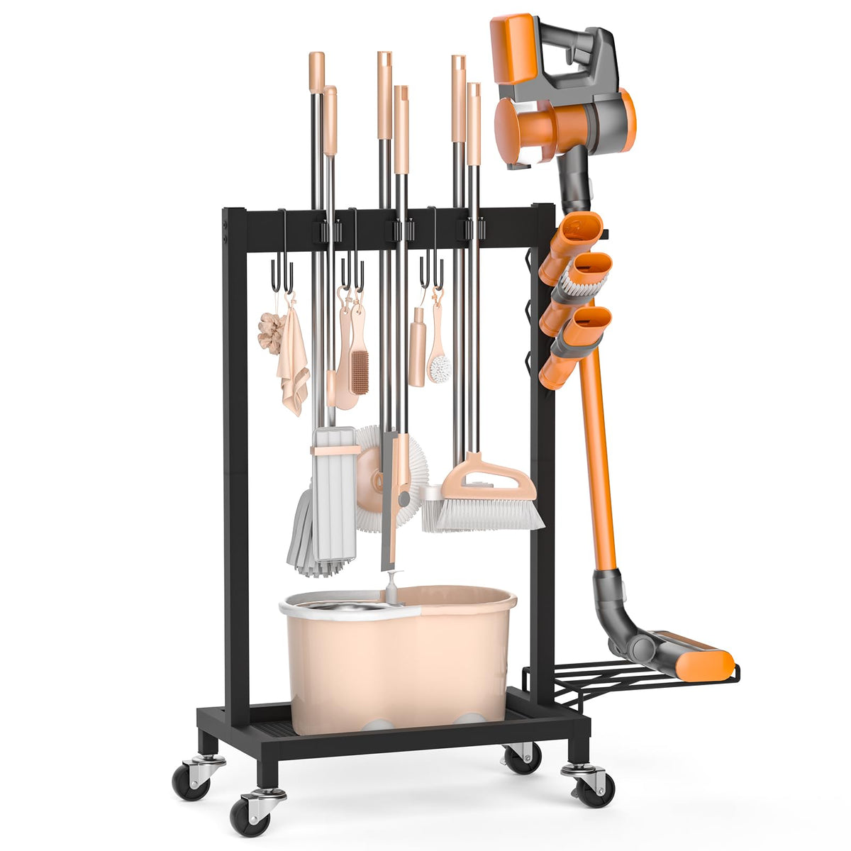 Broom Holder with Cleaning Supplies Organizer, 30.7"Wx11.8"Dx34.6"H