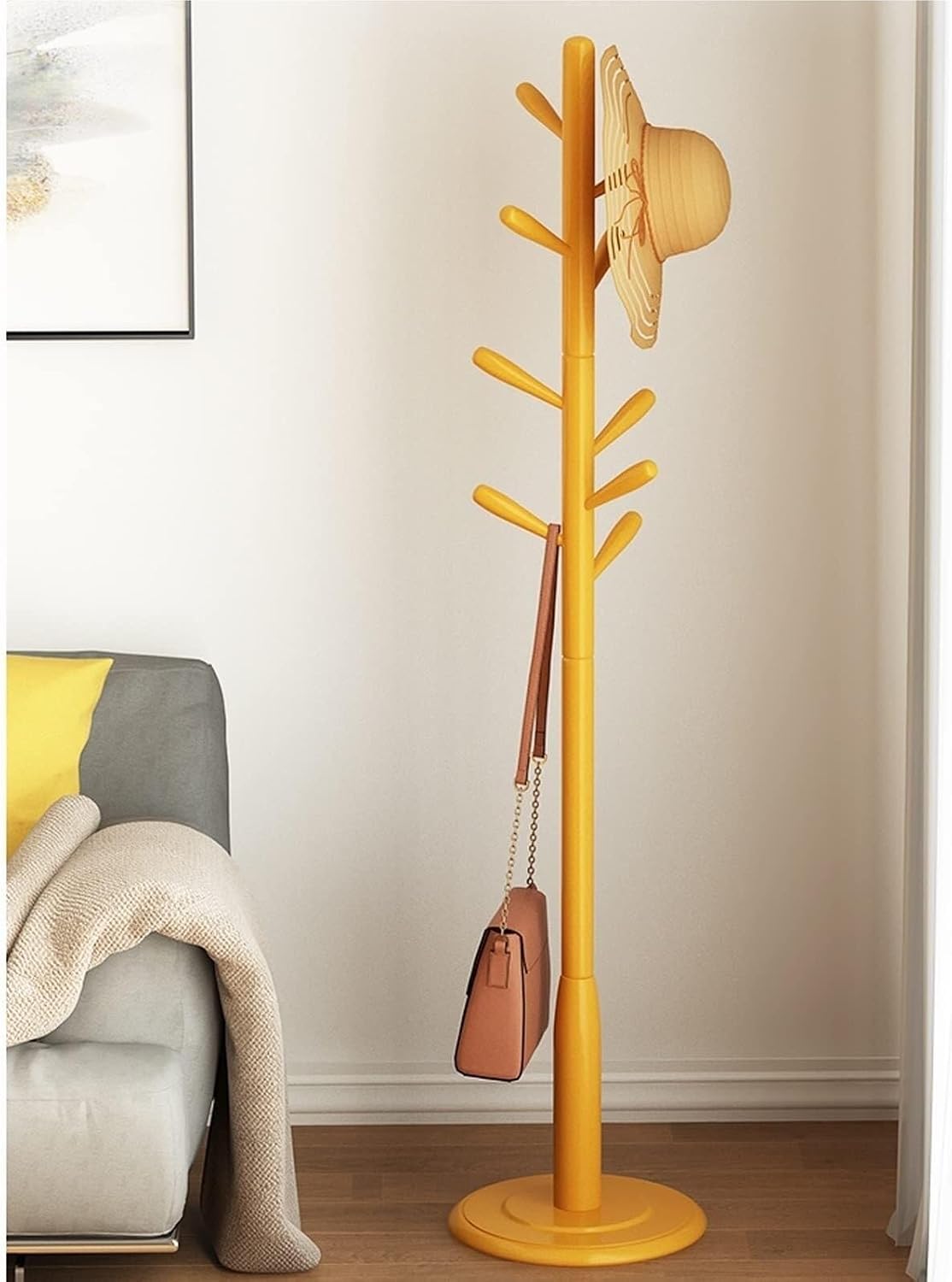JingNian Freestanding Household Floor-Standing Rack, Standing Coat Rack with 9 Hooks Wood Coat Rack(White)
