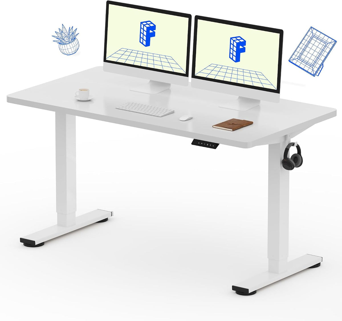 FLEXISPOT EN1 One-Piece Standing Desk, Electric Adjustable with 4 Memory Presets, 176 LBS Capacity, Stable & Quiet, Seamless Desktop for Home Office & Dual Monitors, 55"x28" White(White Frame)