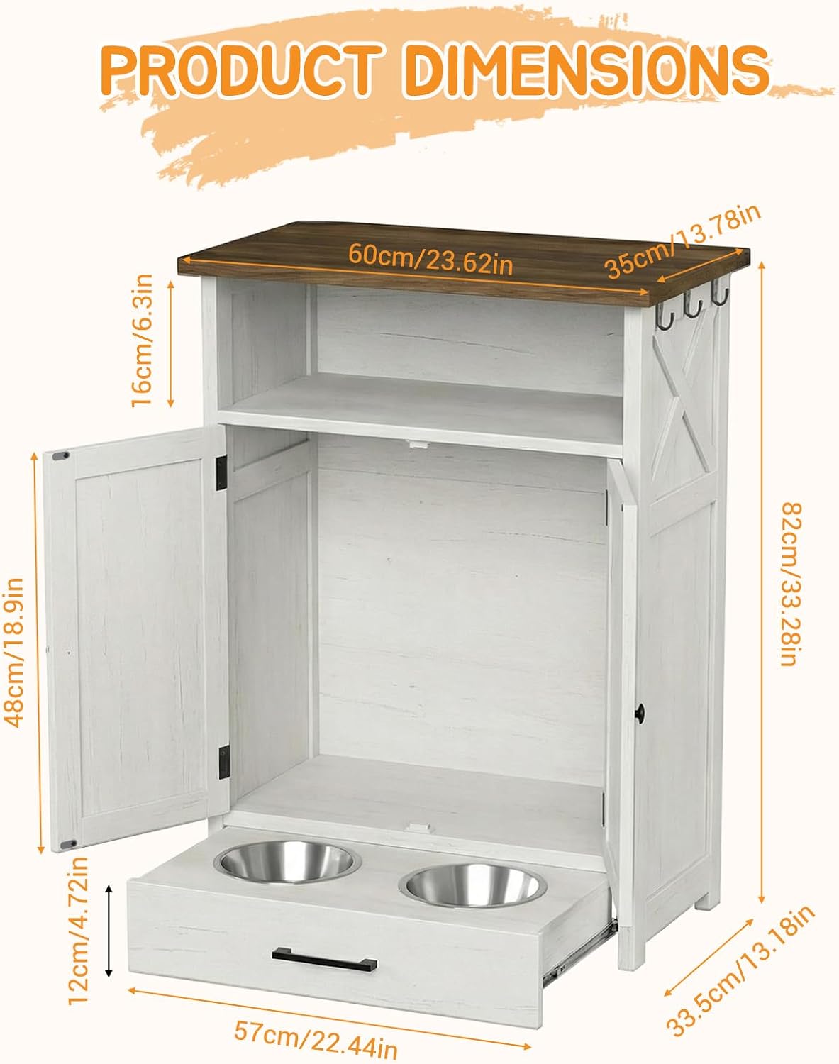 Dog Feeding Station with Storage Cabinet, Raised 2 Elevated Dog Bowls with Hidden Drawer, Pet Feeding Station with Storage, Dog Food Storage Cabinet with 3 Side Hooks, Pet Storage Station