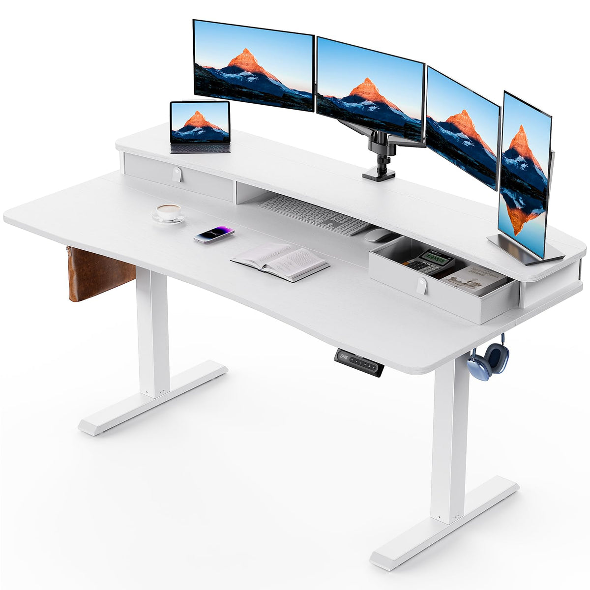 HUANUO 48″ x 28″ Electric Standing Desk with 2 Drawers, C-Clamp Mount Compatible, Height Adjustable Computer Desk, Home Office Stand Up Desk with 4 Preset Heights & 2 Hooks, Black