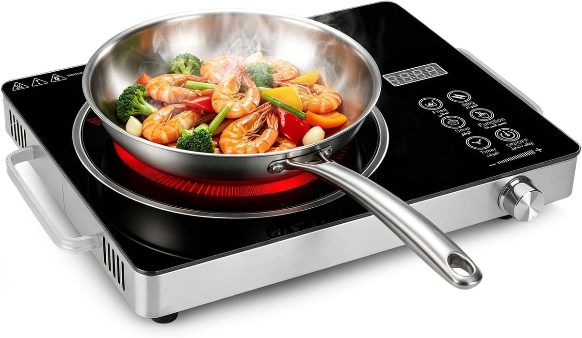 Electric Countertop Single Burner, 3500W Ceramic Cooktop with Crystal Glass Hot Plate & Stay Cool Handles, 12 Level Temperature Control, LED Display, Touch Control, Cooking Stove for Home Camping RV