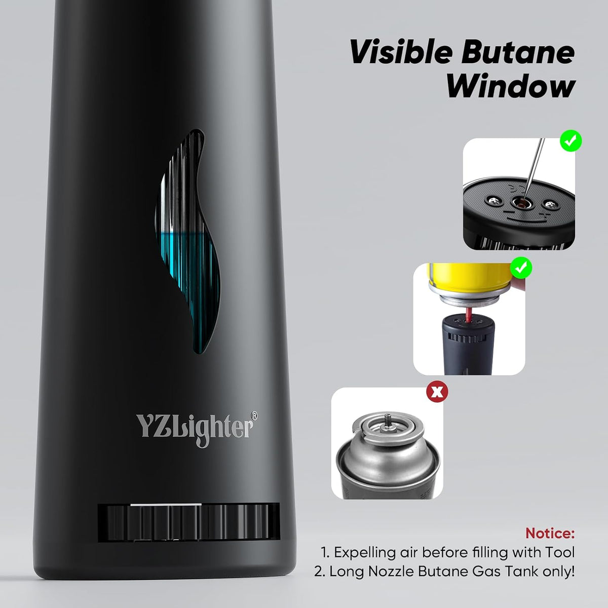 Butane Lighter Torch Long Lighter Refillable Lighter Windproof with Visual Fuel Window Flexible Extra Long Torch Lighter for Fireplace Candles (No Butane Included) (Black + Orange, 2 Pack)