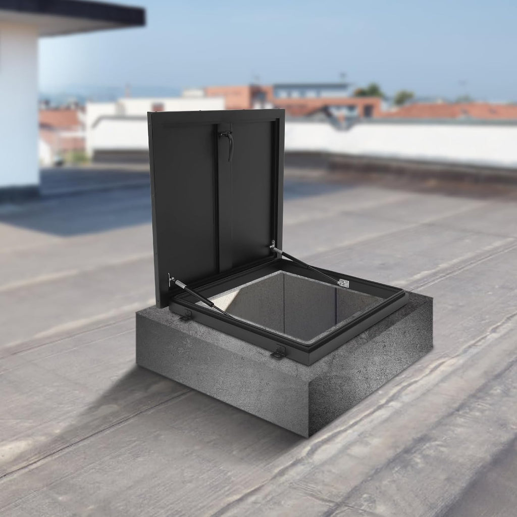 Aluminum Alloy Security Roof Hatch, 90° Hydraulic Escape Vent w/Lockable Egress Window Cover, Heavy-Duty Emergency Access Door for Attic & Commercial Buildings (23.6 * 23.6in, Black)