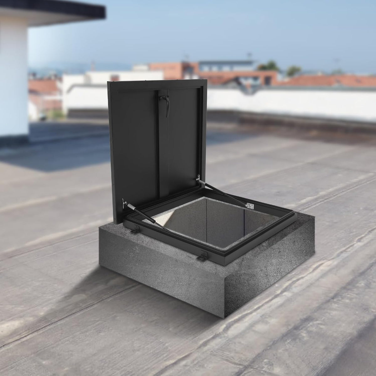 Aluminum Alloy Security Roof Hatch, 90° Hydraulic Escape Vent w/Lockable Egress Window Cover, Heavy-Duty Emergency Access Door for Attic & Commercial Buildings (23.6 * 23.6in, Black)