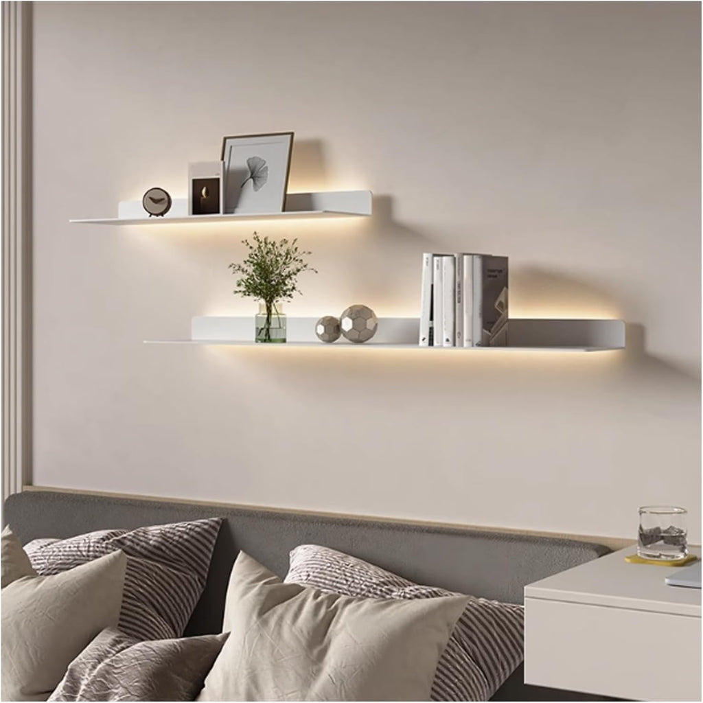 LED Floating Shelves Set of 2, Metal Wall Mounted Display Shelves with Built-in Lights, Modern Gold Floating Shelves for Living Room, Bedroom, Kitchen, Bathroom(White,150cm/59in)