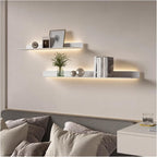 LED Floating Shelves Set of 2, Metal Wall Mounted Display Shelves with Built-in Lights, Modern Gold Floating Shelves for Living Room, Bedroom, Kitchen, Bathroom(White,150cm/59in)