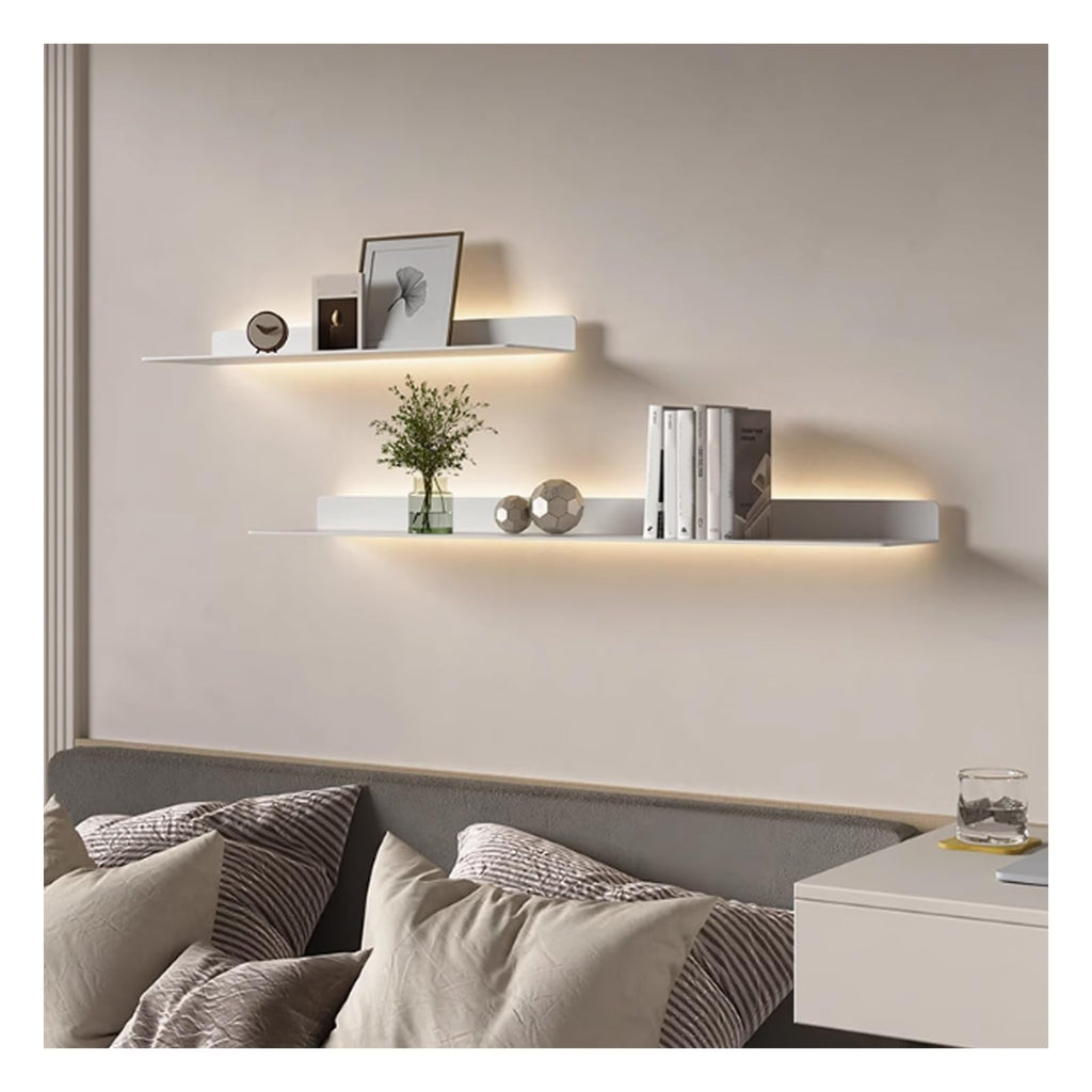 LED Floating Shelves Set of 2, Metal Wall Mounted Display Shelves with Built-in Lights, Modern Gold Floating Shelves for Living Room, Bedroom, Kitchen, Bathroom(Black,80cm/31.5in)