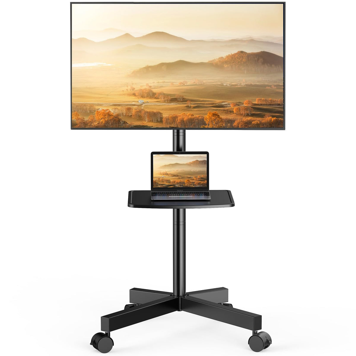 PERLESMITH Rolling TV Stand on Wheels for 32-83 Inch Screens up to 110lbs, Mobile TV Cart Height Adjustable Portable Outdoor TV Stand Tilt Rolling TV Cart with Shelf Max VESA 600x400mm PSTVMC03