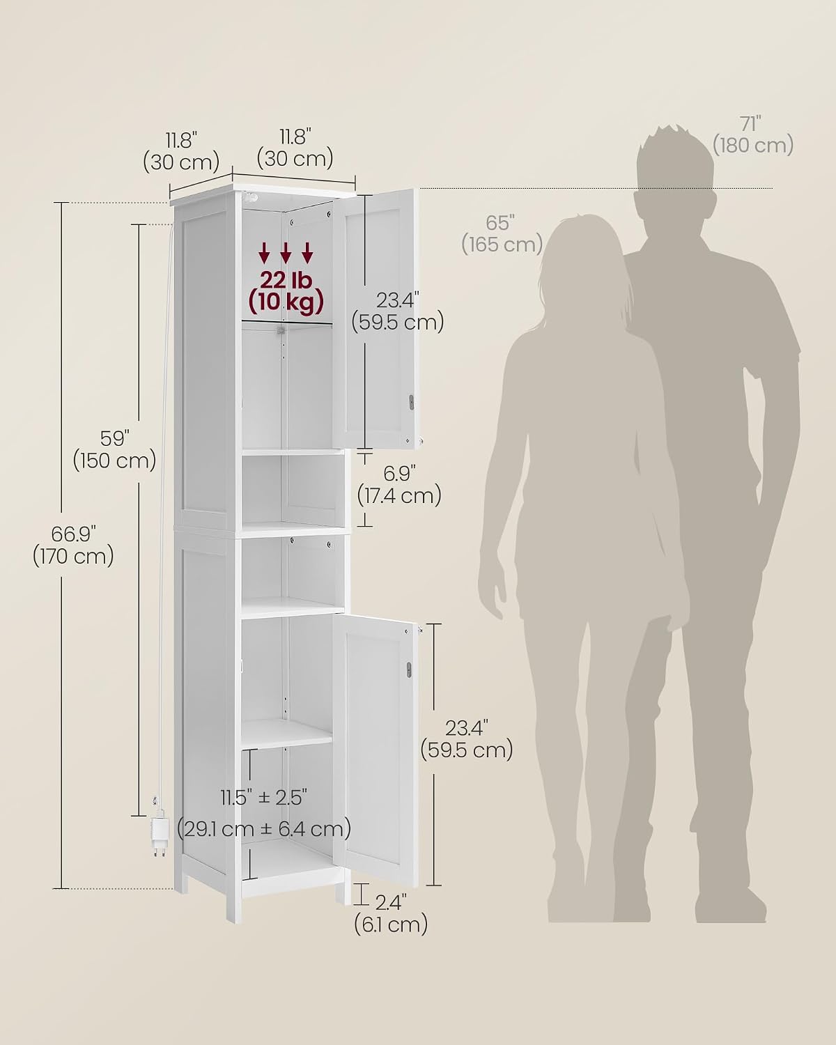 VASAGLE Tall Storage Cabinet with Lights, Slim, 11.8" W, Cloud White