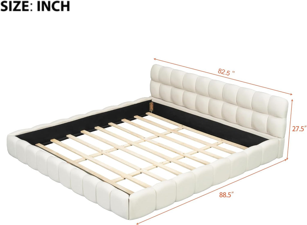 Grounded Bed Upholstered Platform Bed with Unique Design Thick Fabric Headboard, Wood Platform Bed Frame for Kids Adults Bedroom Furniture, Upholstered Floor Bed (Beige-1, King)