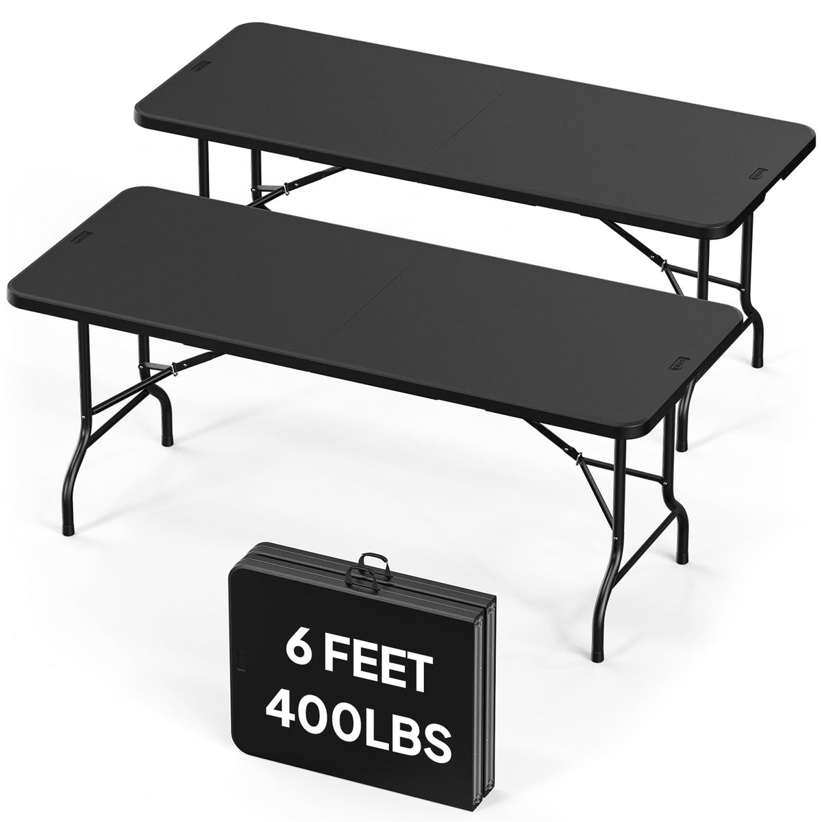 Bonnlo 2P Folding Table 6ft, Portable Collapsible Plastic White Long Tables for Party, Camping, Banquet, Craft, Dining, Wedding, Outdoor and Indoor Use