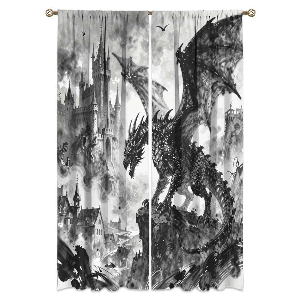 Dreamy Pink Wildlife Dragon Curtains-Fantasy Medieval Castle Rod Pocket Back Tab Window Drapes,Mythological Dragon Floral Roses Thermal Insulated Blackout Curtain,2pcs,Each 52“W x 96”L