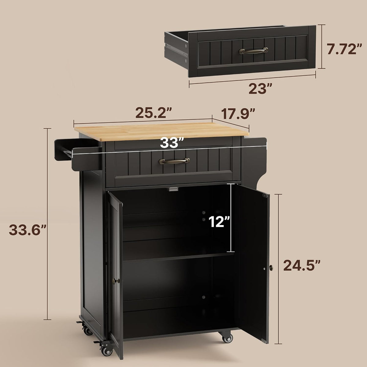 Gizoon 33" W Kitchen Island Cart with Adjustable Shelf, Black