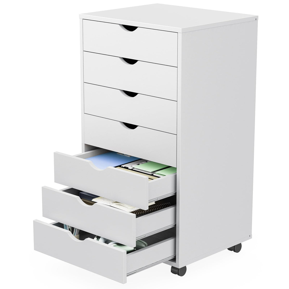 Sweetcrispy 7 Drawer Rolling Storage Cabinet, Wood Under Desk Mobile Dresser with Wheels, Small Organizer Chest for Home Office, Bedroom, Living Room, Compact Vertical Storage Furniture Unit, White