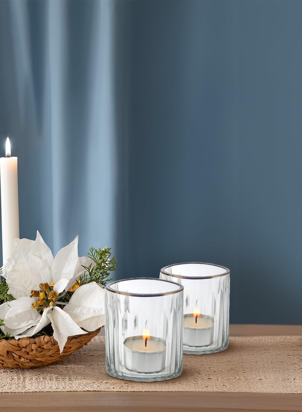Serene Spaces Living Set of 32 Etched Stripes Glass Votive Holders with Gold Rim, Ideal for Wedding Decorations, Parties, Events, Measures 3" Tall and 2.5" Diameter