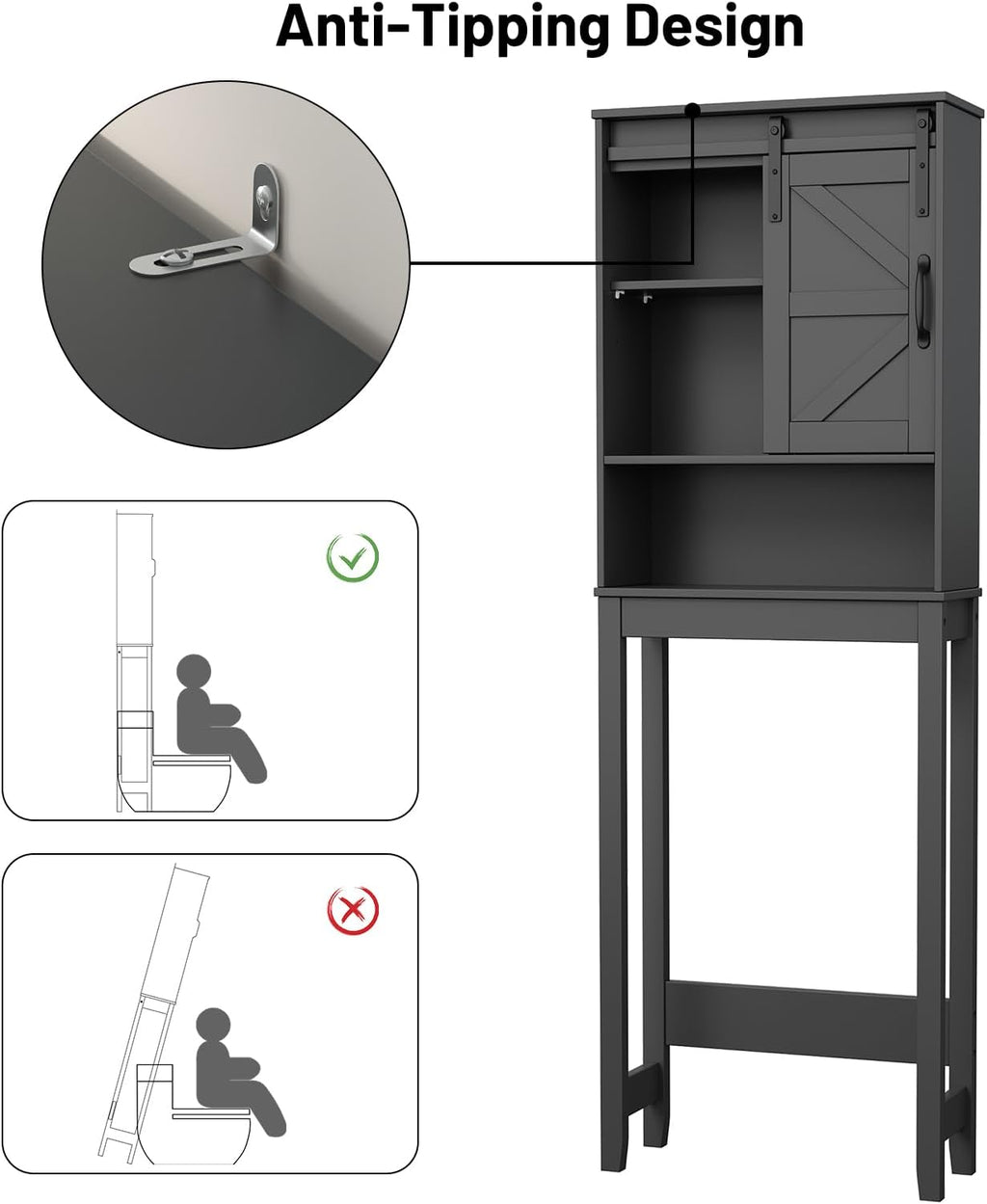 Over The Toilet Storage Cabinet, Bathroom Organizer with Adjustable Shelves and Anti-Tip Device, Space-Saving Storage Solution, Black