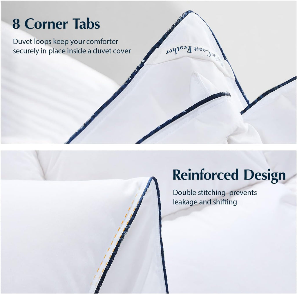 Pacific Coast Luxury White Goose Feather Down Fiber Comforter Queen Size, All Season Hotel Collection Duvet Insert, Ultra Soft, Breathable Bedding Comforter with 8 Corner Tabs, 90x90 Inch White