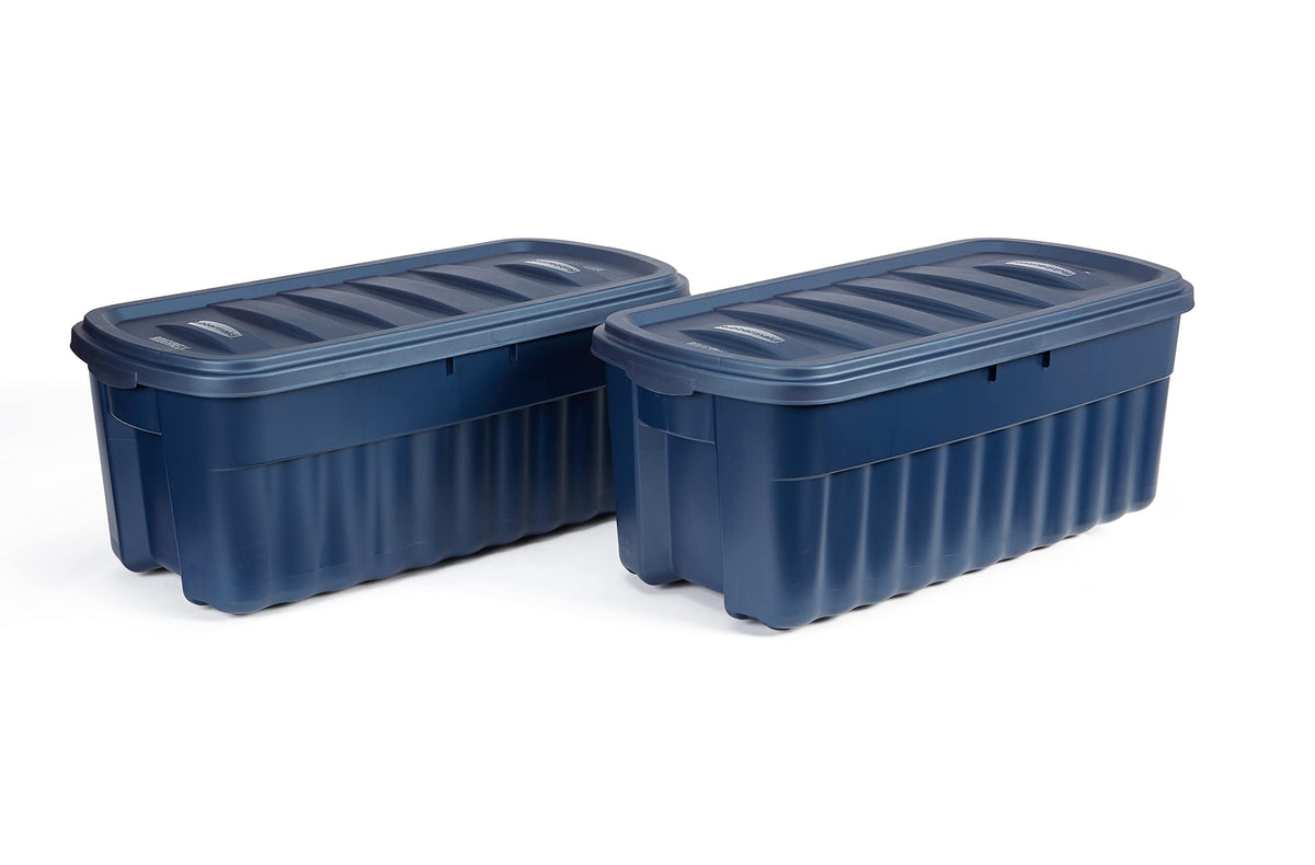 Rubbermaid Roughneck Tote 18 Gal, 6 Pack, Made in USA, Dark Indigo Metallic, Rugged Plastic Stackable Storage Bins with Lids and Handles