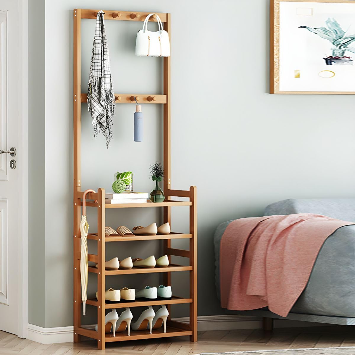 Modern Wood Coat Hanger Storage Shelves & Coat Hooks Entryway Kit Multifunctional Clothes Hanger Floor-standing Bedroom Clothes Storage Rack Simple Coat Rack Natural 31.5"L x 9.1"W x 69.3"H