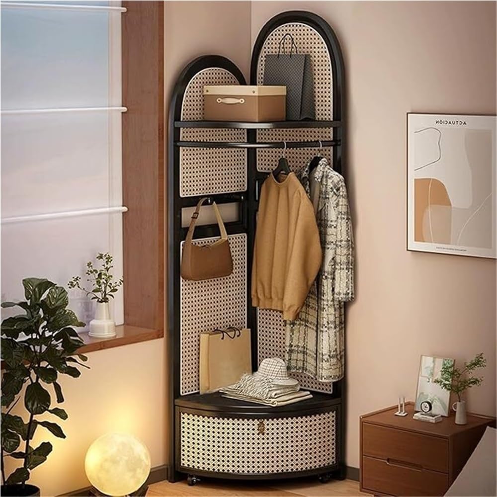 Freestanding Entryway Coat with Hooks, Boho Floor Standing Clothes Rack with Shoes Shelf, Rattan Clothes Rack Corner for Bedroom, Living Room, Hallway 17''x17''x76''(Khaki A)