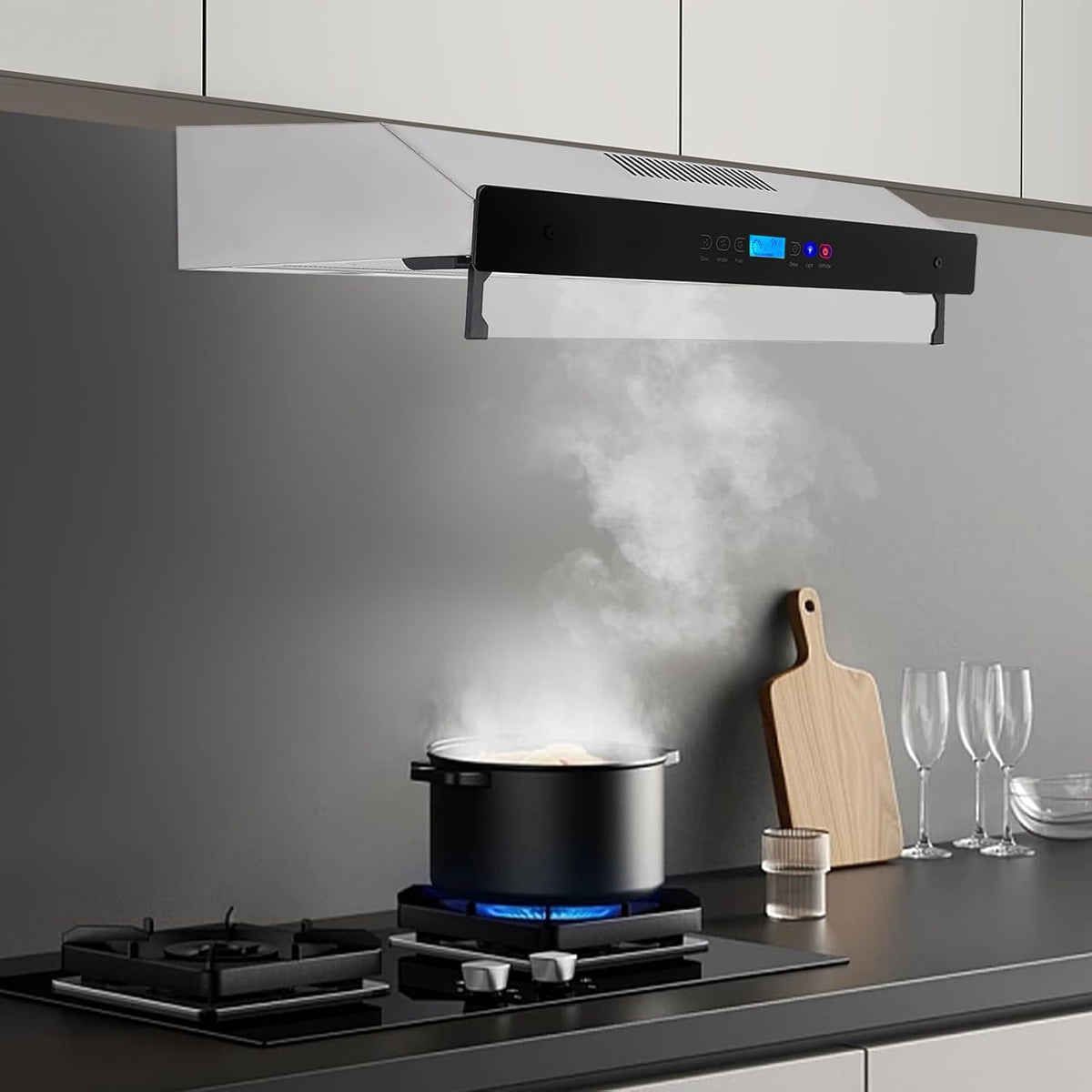Under Cabinet Range Hood 30 Inch, Three-Speed Range Hood with LED Lights, Touch Control Panel Vent Hood, Stainless Steel Kitchen Vent with 2 Filters