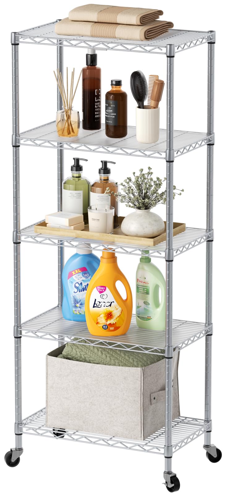 SINGAYE 5 Shelves Storage Wire Shelf Closet Metal Shelving Pantry Wheels
