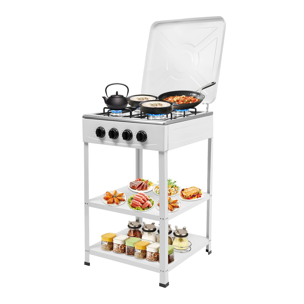 5 Burners Propane Camping Stove, 25 Inch Gas Stove, Natural Propane Stove Stand, Portable Camping BBQ Cooker with Storage Rack, 8500BTUs for Stir-frying Grilling Backyard Cooking (5 White)