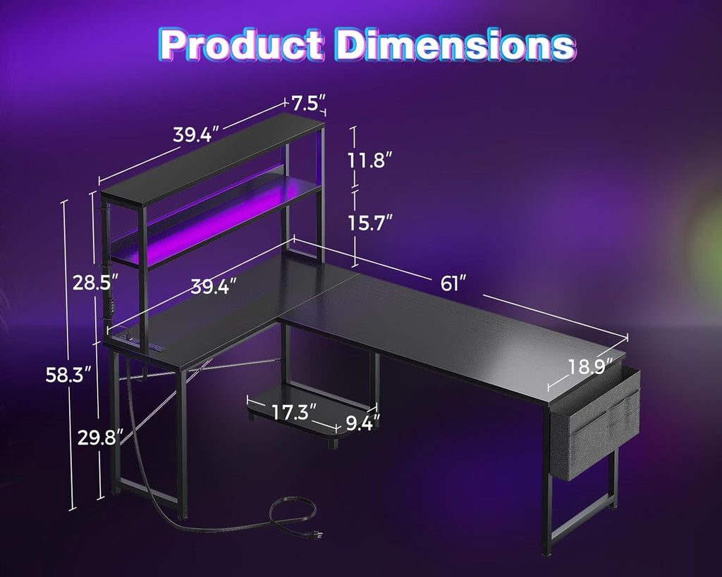 AODK L Shaped Desk Gaming Desk with LED Light & Power Outlet