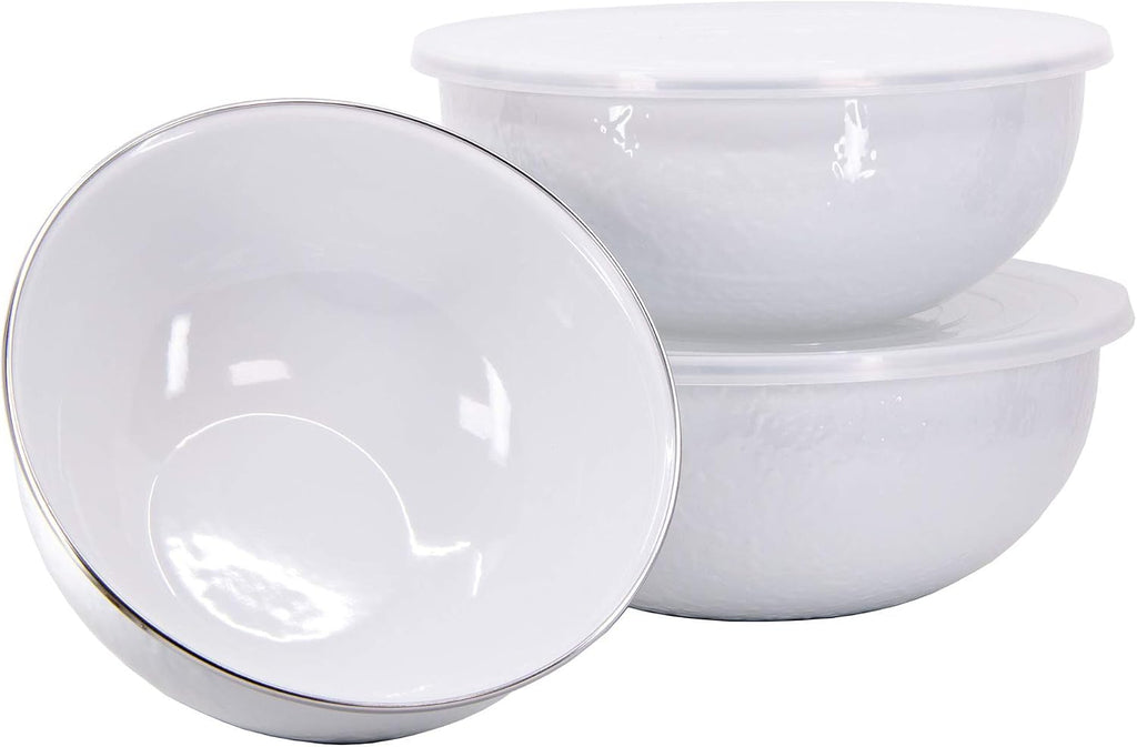 Golden Rabbit Enamelware Nested Mixing Bowls with Lids, Set of 3, Solid White Textured