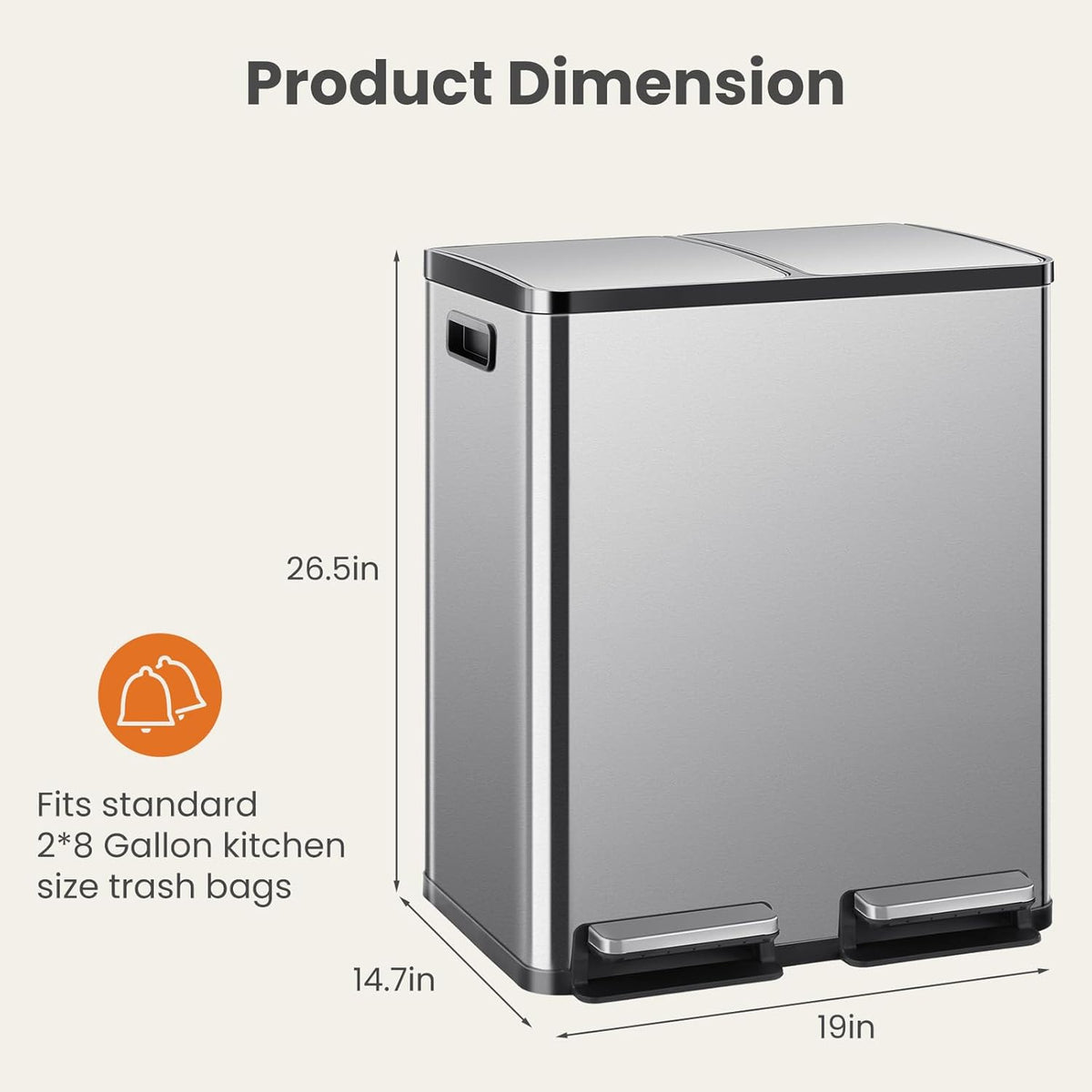 NEWBULIG 16 Gallon Dual Compartment Kitchen Trash Can, Stainless Steel, 60L