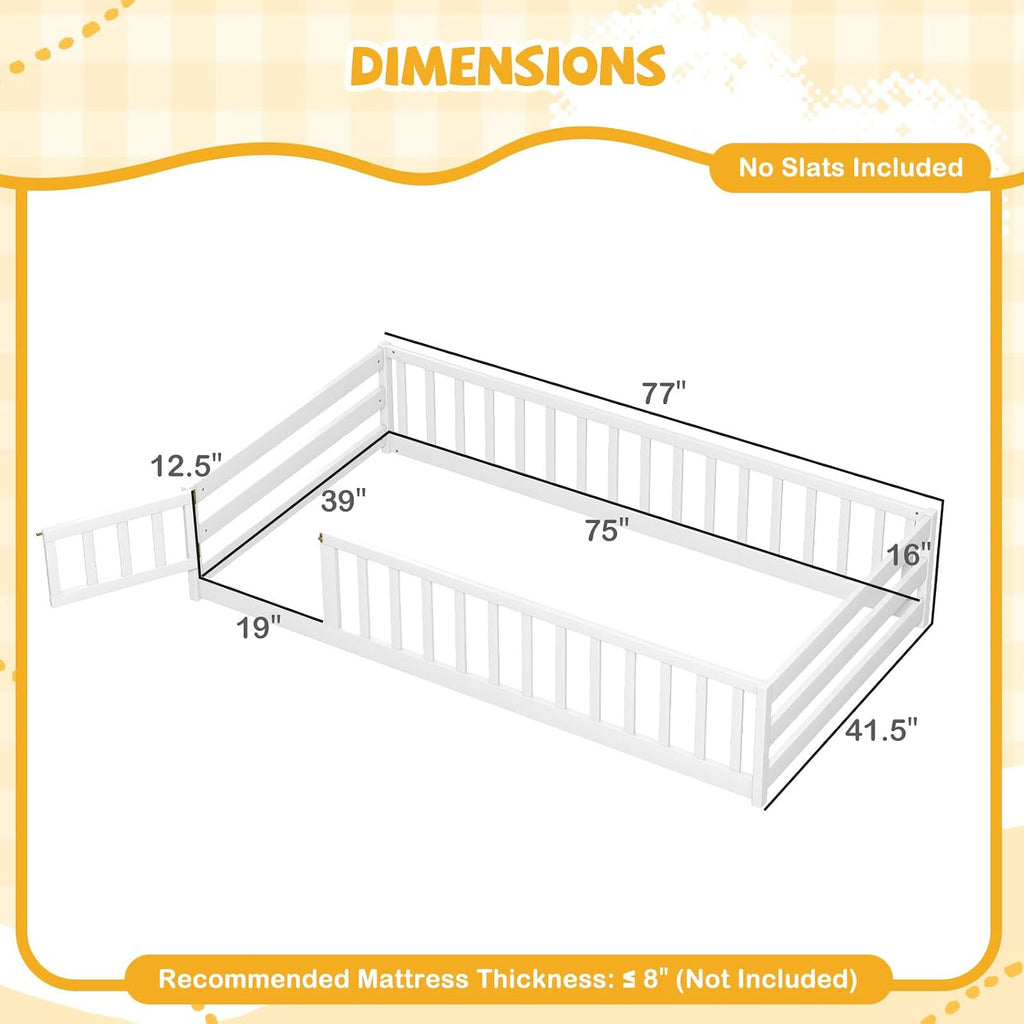 GIANTEX Twin Floor Bed with Fence for Kids, Wooden Montessori Bed Frame with Lockable Door & Guardrails, Low Floor Beds for Kids, Boys, Girls, No Box Spring Needed, Without Wood Slats, White