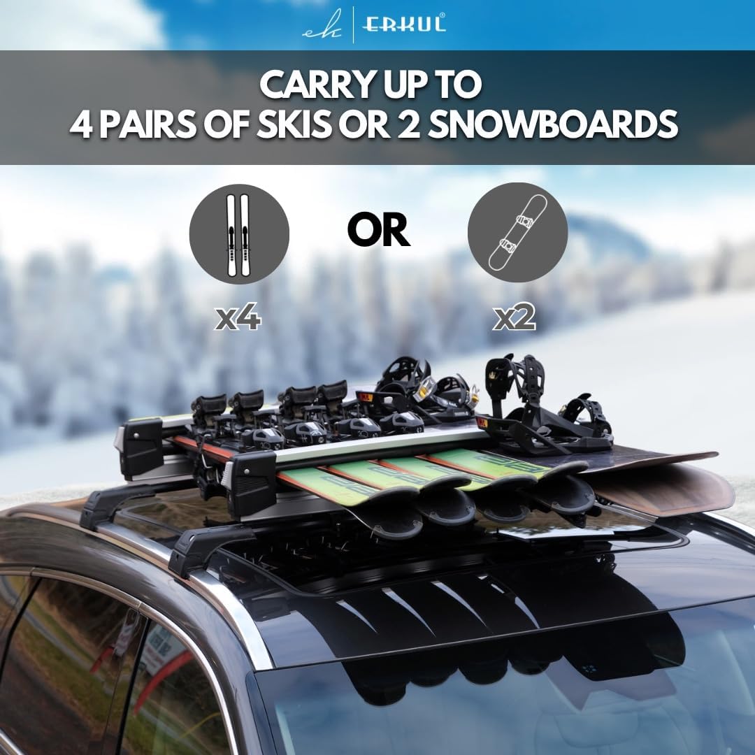Erkul Ski Rack for Car Roof with Sliding Extension - 25" Universal Ski & Snowboard Rack with Lock | Holds 4 Pairs of Skis or 2 Snowboards - Fits All Types of Cross Bars-Black