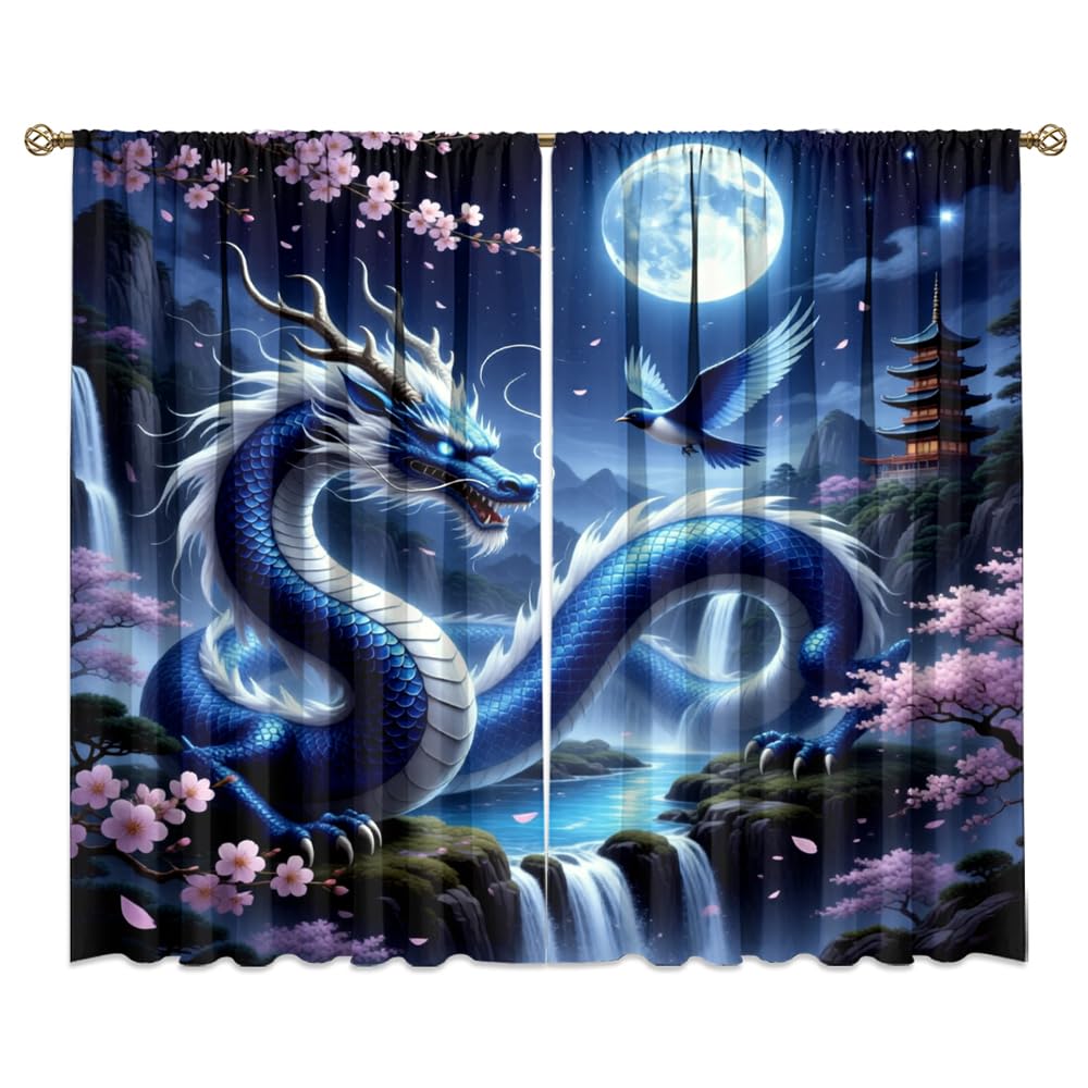 Dreamy Ice Fire Dragon Rod Pocket Curtains-Fantasy Yin Yang Theme Blackout Curtains & Drapes for Bedroom,Mythological Wild Animals Dragon Room Darkening Window Curtain,2pcs,Each 52“W x 96”L