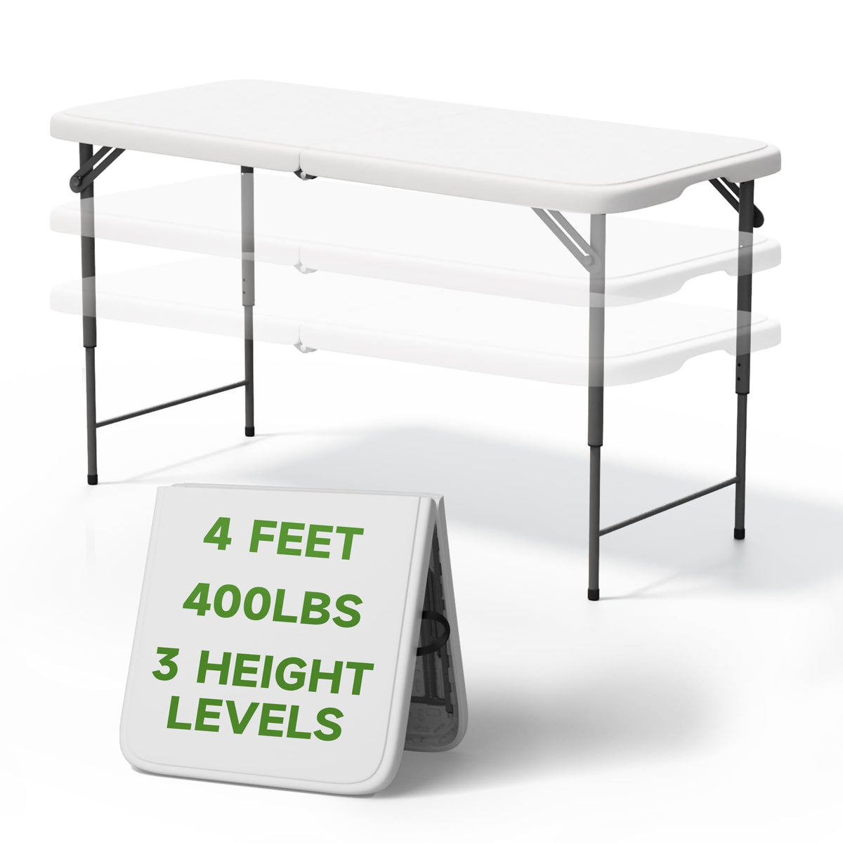 4 FT Folding Table, 3-Position Adjustable Height, Heavy Duty 400 lbs Capacity, Portable Table for Camping, Party, Indoor & Outdoor (Black Wood Grain, 2 Pack)