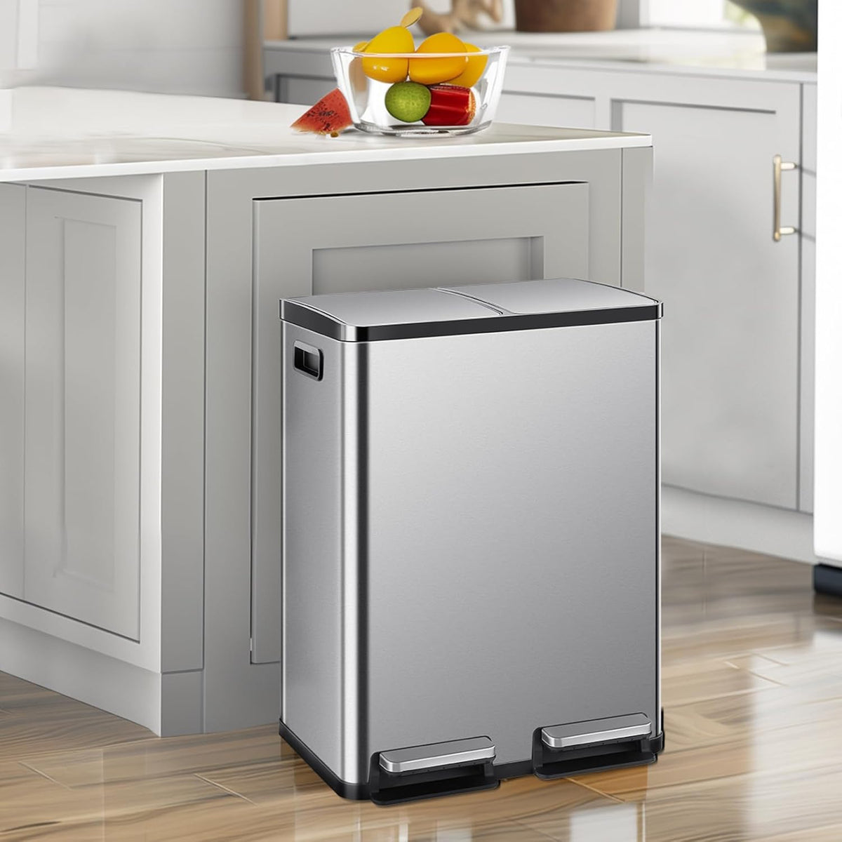 DUMOS Kitchen Trash Can, 2x8-Gallon Dual Trash Can with Lid, Stainless Steel Garbage Bin with 2 Removable Inner Buckets, Soft-Close Foot Pedal, Fingerprint-Resistant for Kitchen, Home, Office