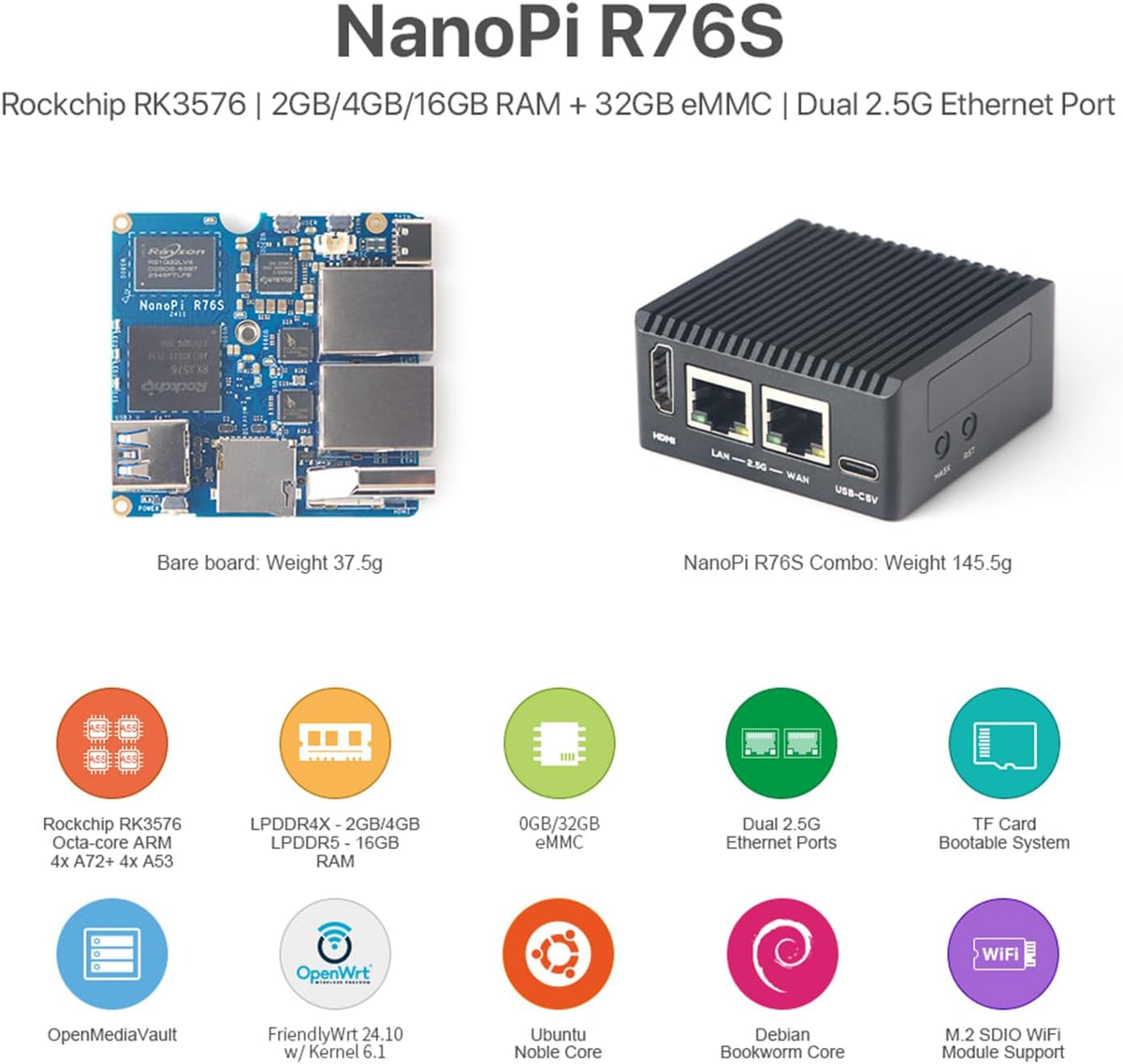 NanoPi R76S Mini Router, RK3576 Octa-Core SoC with 6TOPS NPU AI Model, LPDDR4X 4GB RAM 64GB eMMC, Dual 2.5G Ethernet, Support M.2 Wi-Fi Module (with M.2 WiFi, LPDDR4X 4GB, Power Kit)