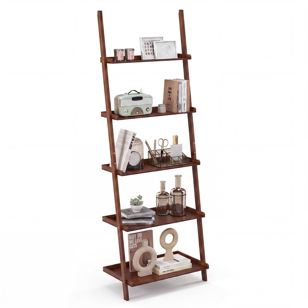 Tangkula 5-Tier Ladder Shelf Bookcase, Bamboo, 72”H, Walnut, 2 Pack