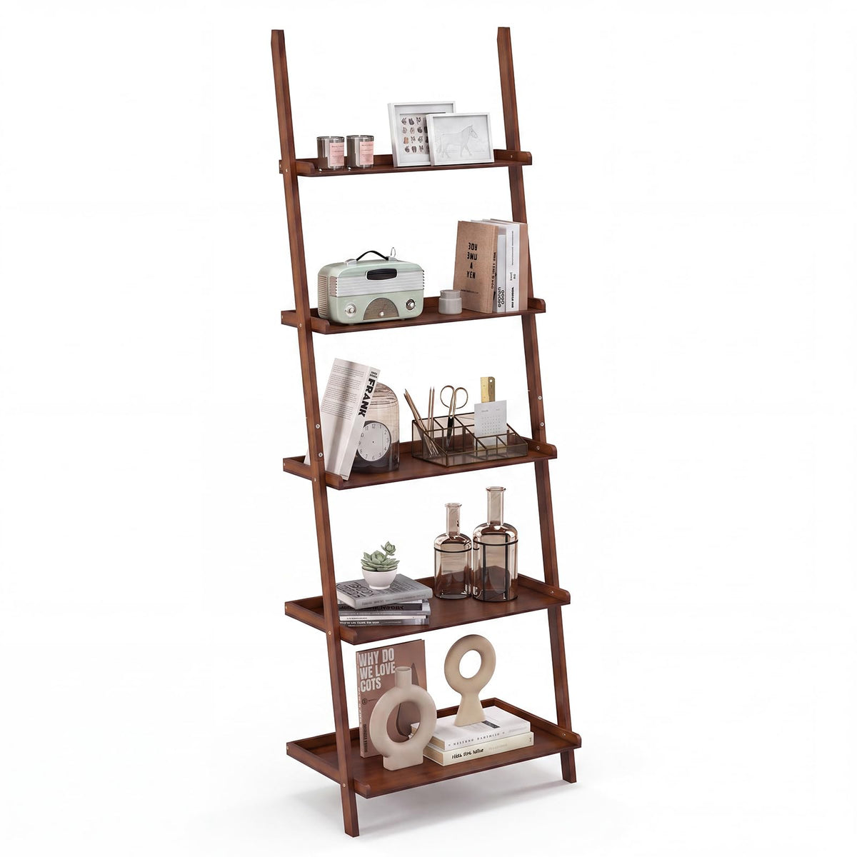 Tangkula 5-Tier Ladder Shelf Bookcase, Bamboo, 72”H, Walnut, 2 Pack