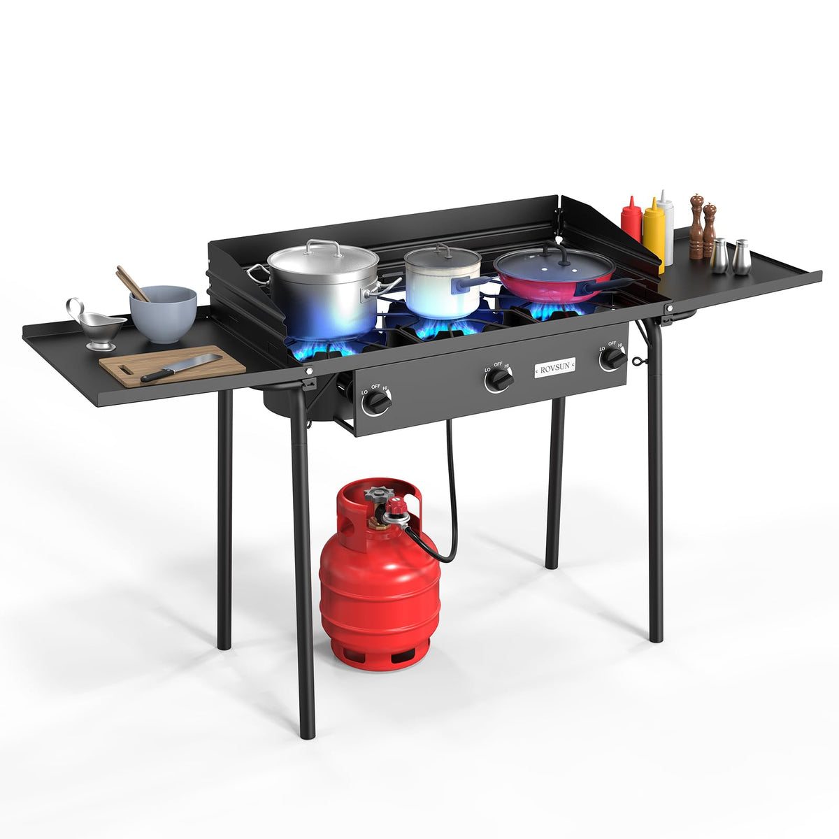 ROVSUN Single Burner Gas Stove with Side Shelf, 100,000BTU Portable Propane Stove with Removable Leg & Regulator for Camping Home Backyard Outdoor Cooking Brewing Canning Turkey Frying