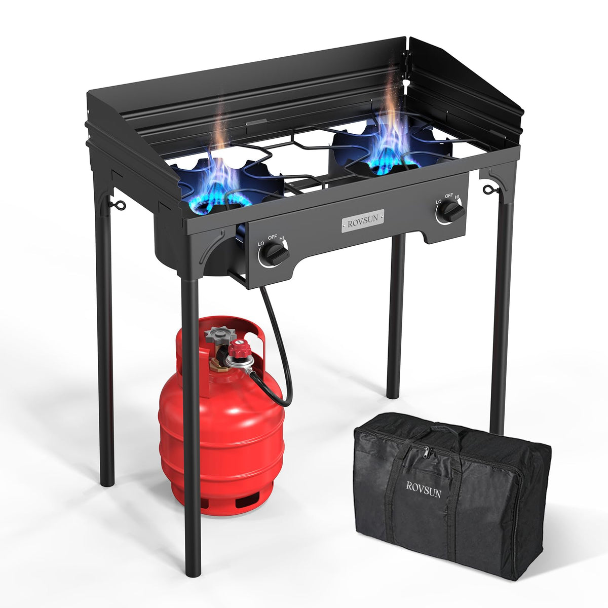 ROVSUN 2 Burner Outdoor Propane Gas Stove with Regulator, Windpanel, Bag & Side Shelves, 150,000 BTU Powerful Stand Cooker for Backyard Cooking Camping Home Brewing Canning Turkey Frying