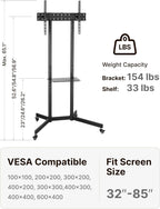 Heavy-Duty Rolling TV Stand for 32-85" TVs, 187 lbs